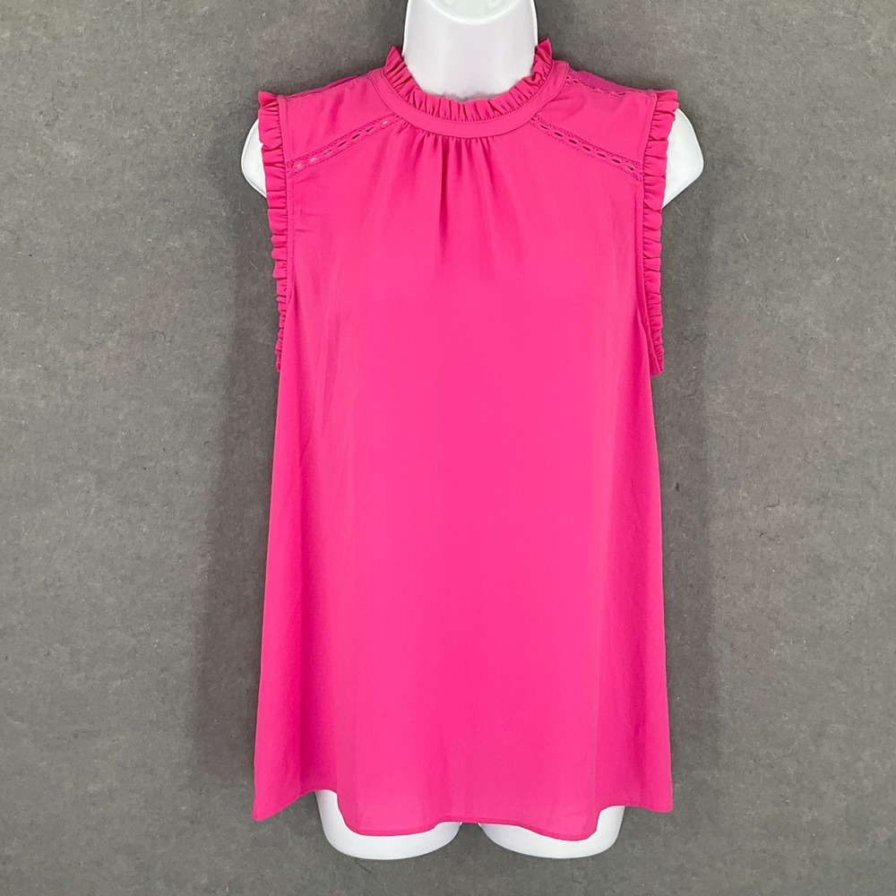 LOFT Ruffle Sleeveless Top Pink Mock‎ Neck Blouse Casual Business Women's Sz M
